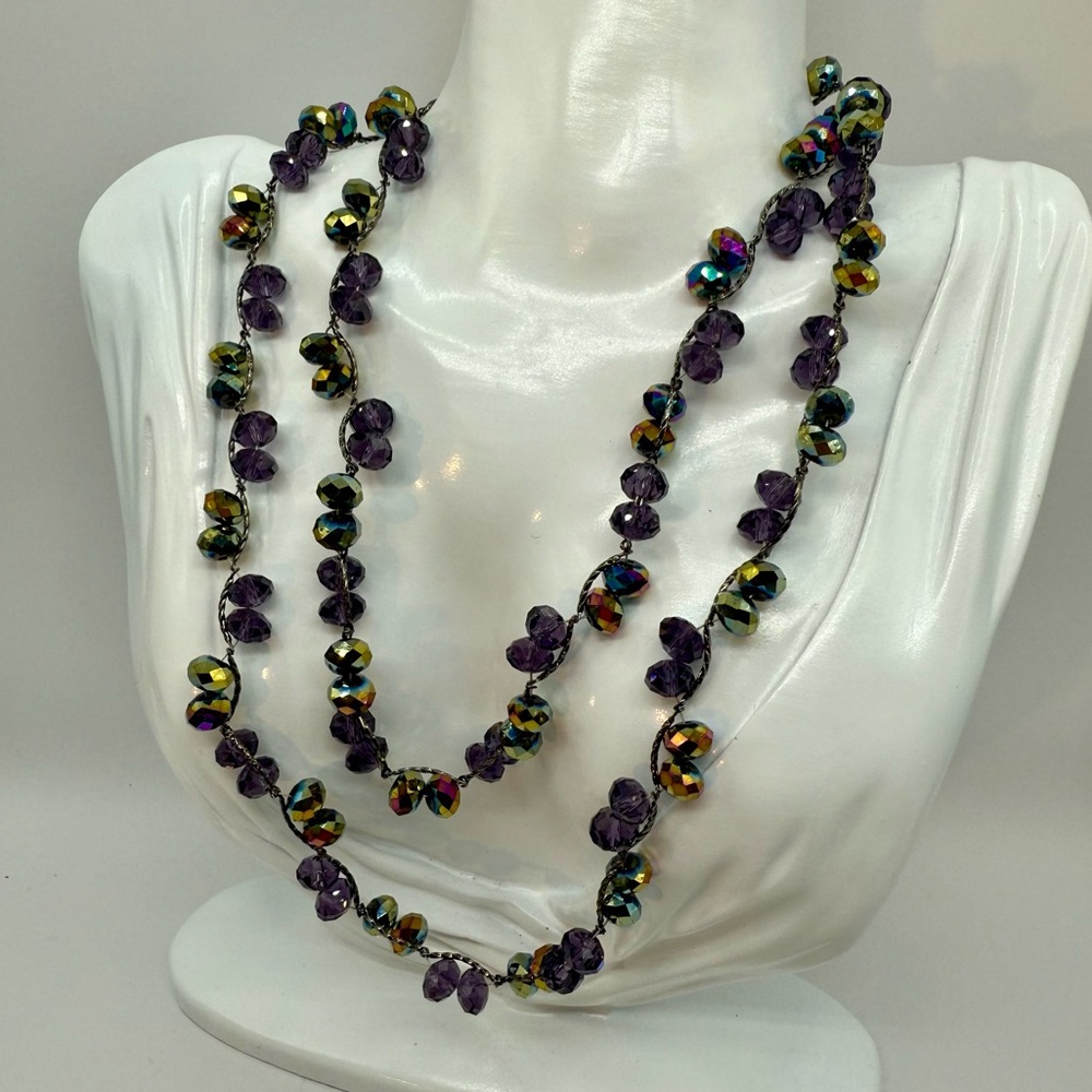 Artisan Amethyst Colored Glass & Aurora Borealis Beaded Necklace 24” Length